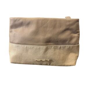 Elaine Turner Pebbled Leather and Metallic Linen Clutch Bag Tan Gold Bamboo Logo